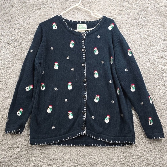 The Quacker Factory Cardigan Womens Medium Blue Christmas Snowman Knit Sweater - Picture 1 of 12